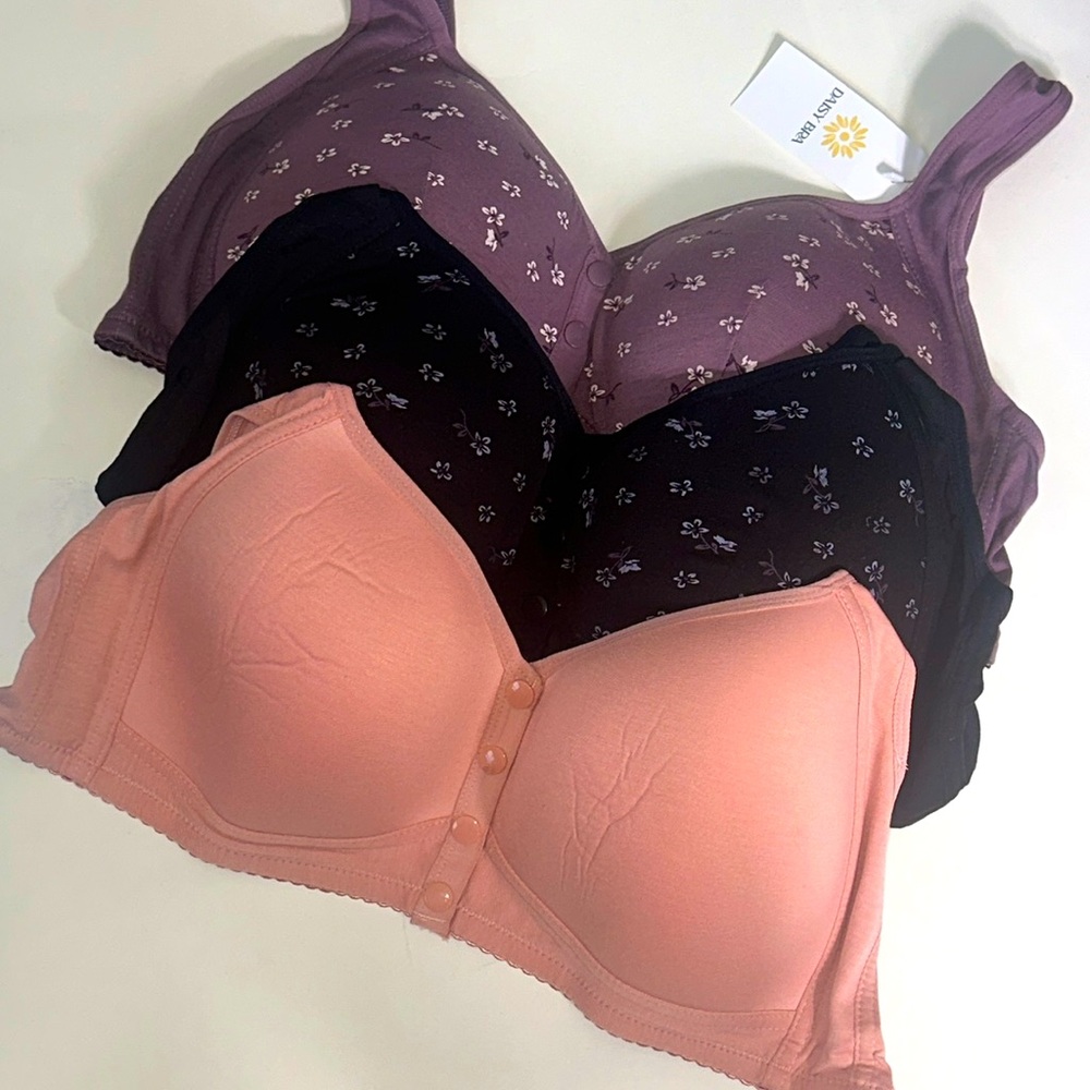 Daisy Bras Bundle 3 Soft 3XL Black Pink Mauve Front Closure